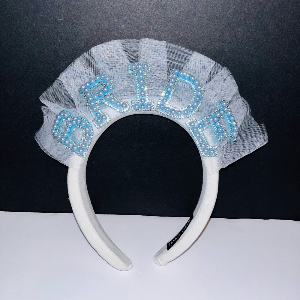 Bridal Headband for Women - White with Light Blue Accents
